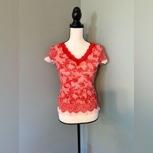 Liz  Claiborne Red Lace Floral Top Blouse Size S Petite